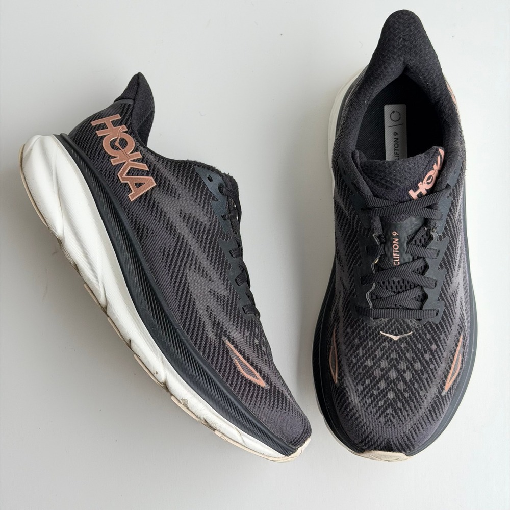 Hoka Clifton 9 Women 9.5 Black Rose Gold Cushion Comfort Road Running Shoes Wide